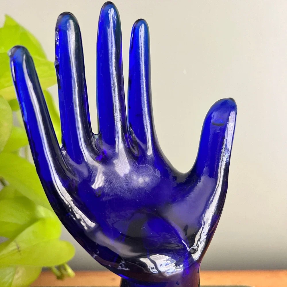 Vintage Cobalt Blue Glass Hand Ring Display Jewelry Holder 8 Inch
